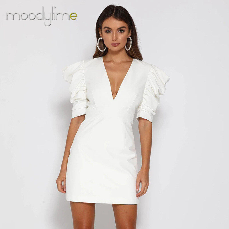 Solid V neck Puff Sleeves Bodycon  Mini Dress