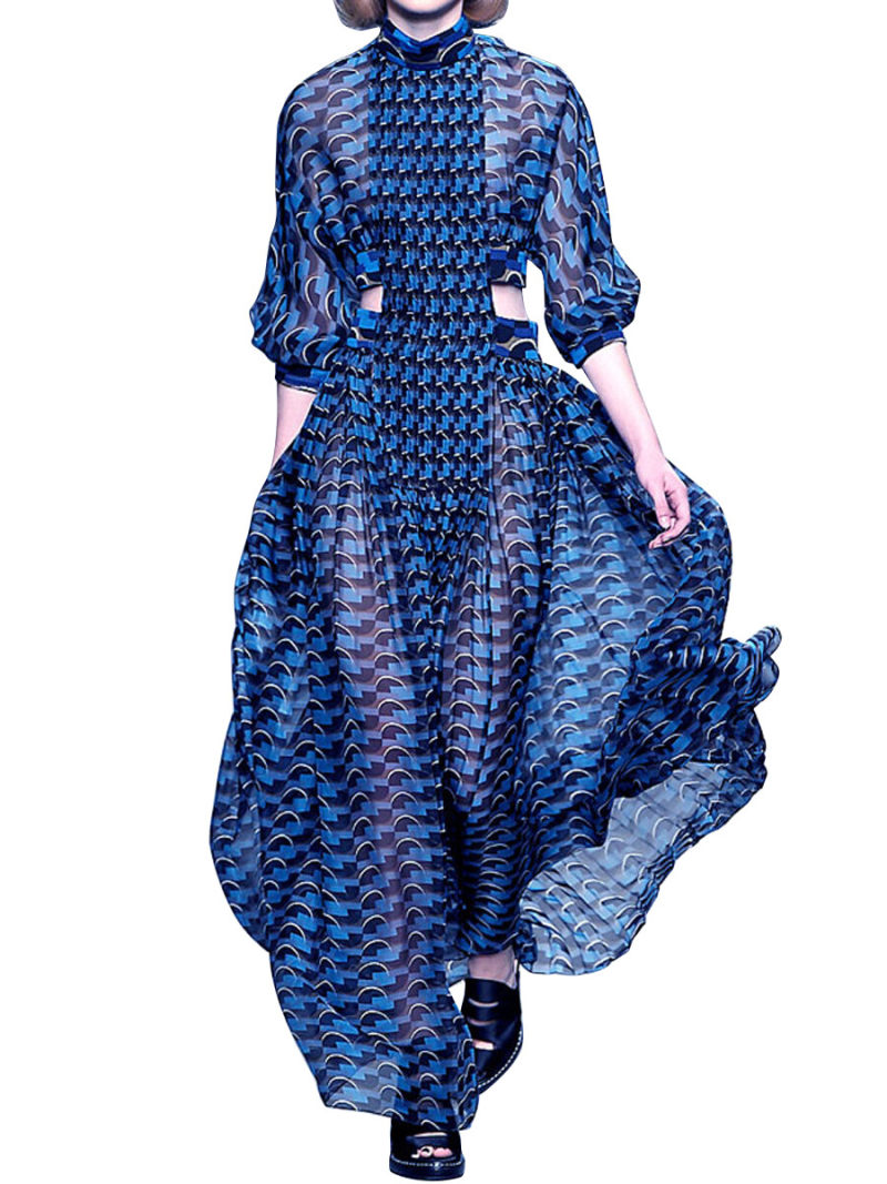 Stand Neck  Cutout Waist Pleated Maxi  Dress With Long Sleeves