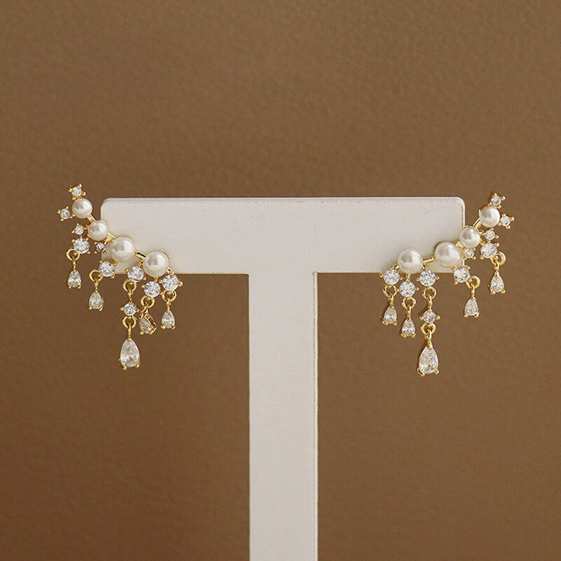 S925 hoop pearl earrings with crystal drop