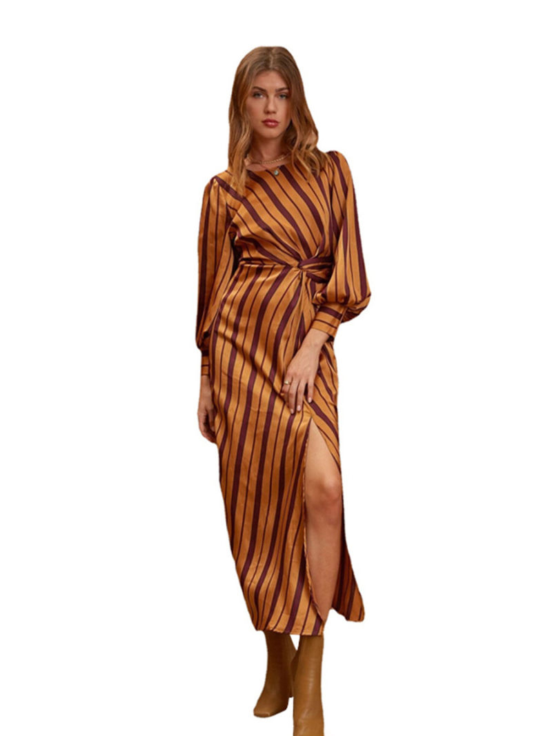 Stripe Lantern Sleeve High Drape Neck   Side Split  Maxi Dress