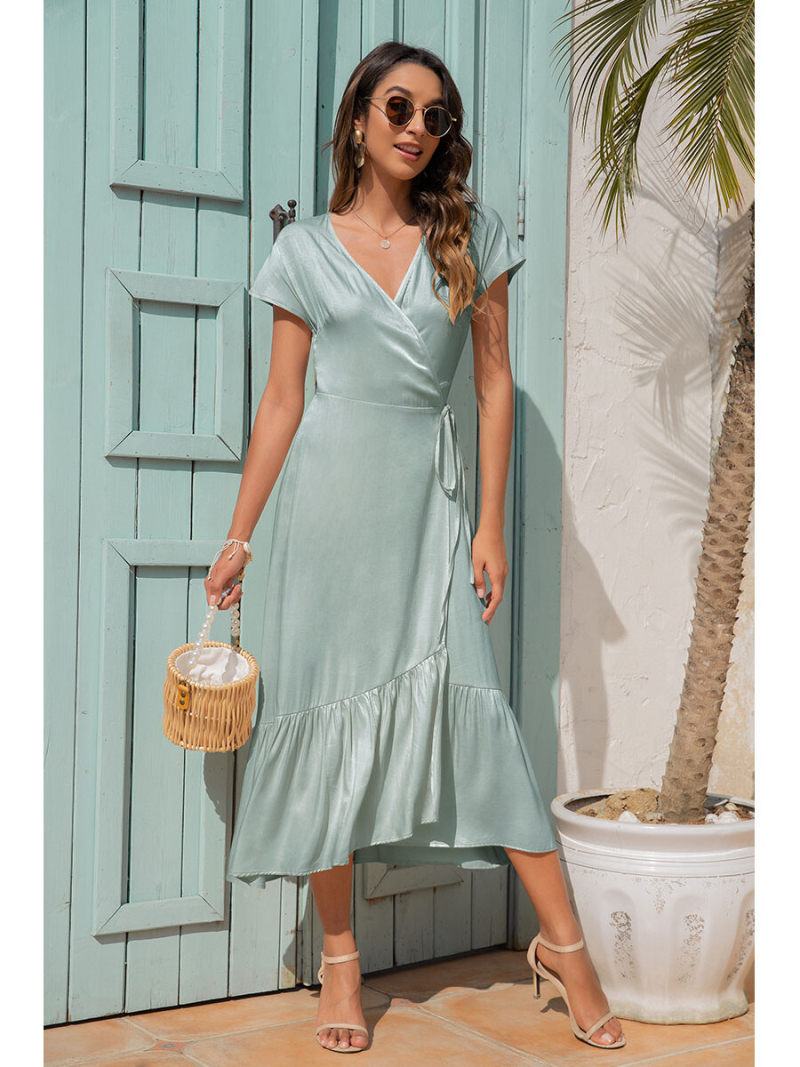 Sold V-neck Side   Split  Drape Sleeves Drawstring Waist  Mide  Dress