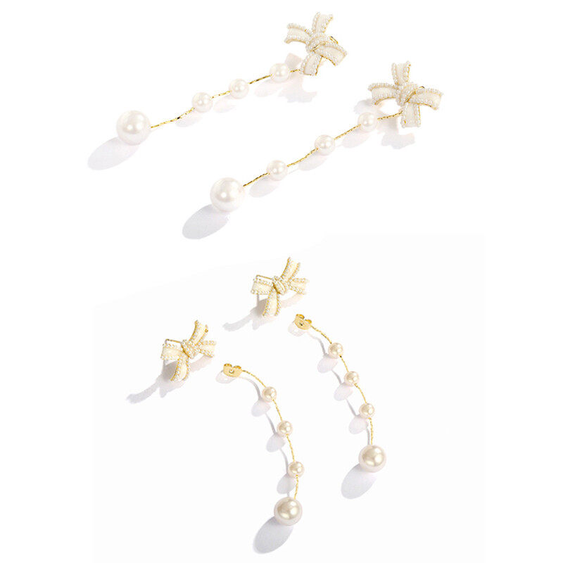 Bow earrings with pearl and chain drop design d925 doop