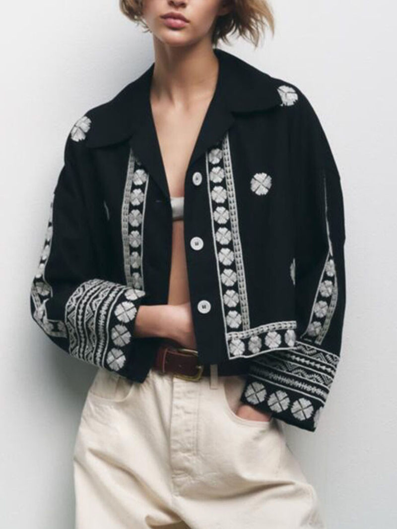 Embroidery black denim jacket coat