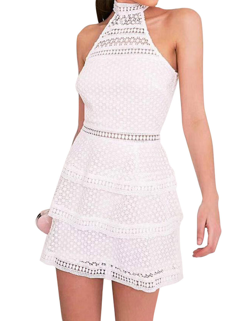 Tiered Lace Mini Dress Writh Contrast Lace Trim Detail