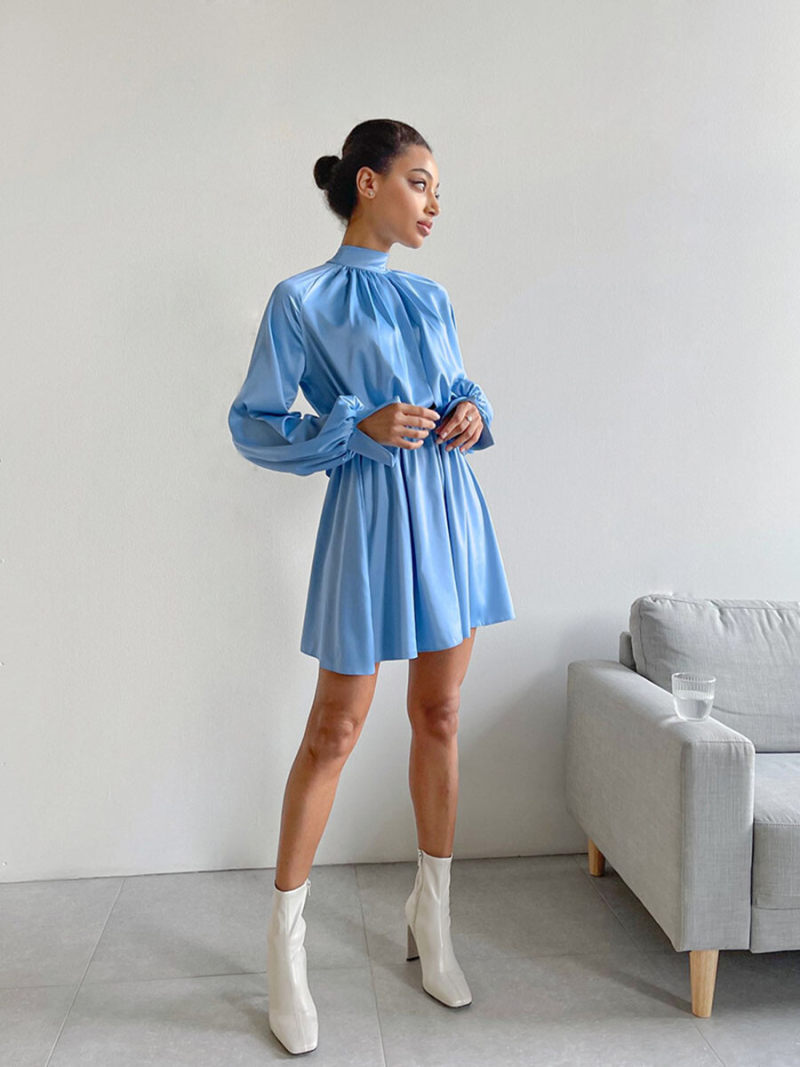The blue color satin dress