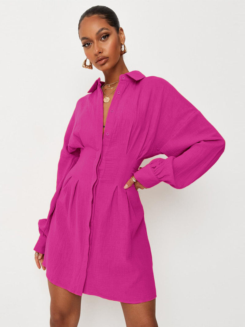 Solid   Oversized  Nipped  in Waist  Button Through Shirt Dress