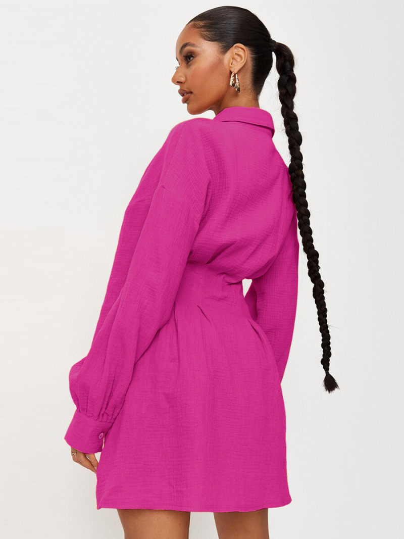 Solid   Oversized  Nipped  in Waist  Button Through Shirt Dress