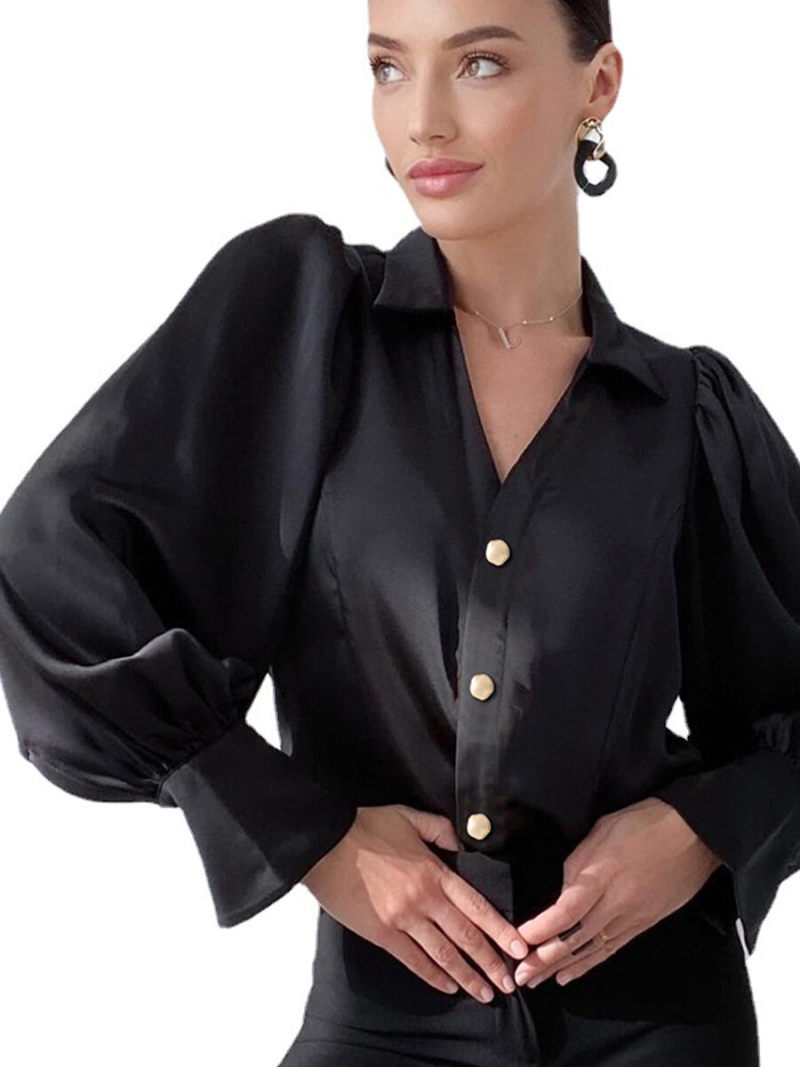 Collar  V-neck Button Front   Blouson Sleeves Blouse