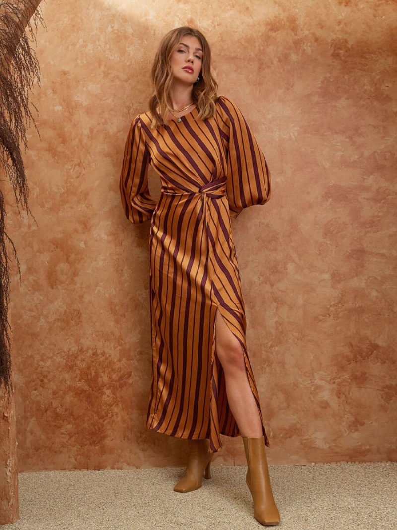 Stripe Lantern Sleeve High Drape Neck   Side Split  Maxi Dress