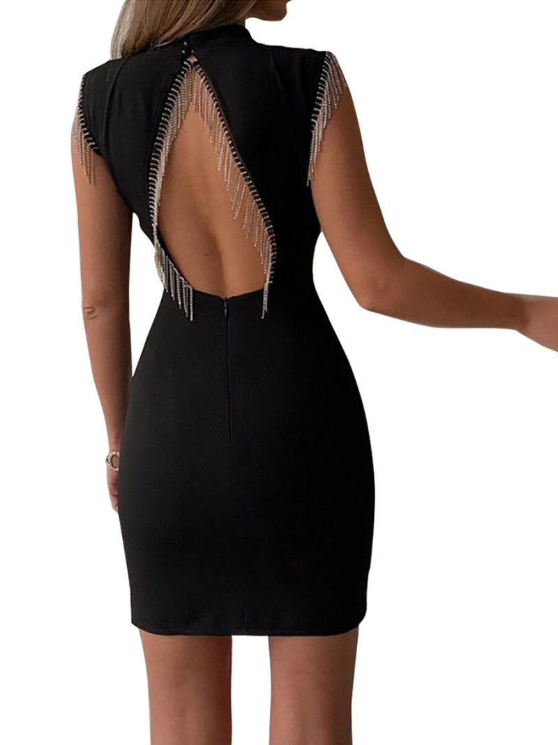 Solid Backless Fringe Detail  Bodycon Mini Dress