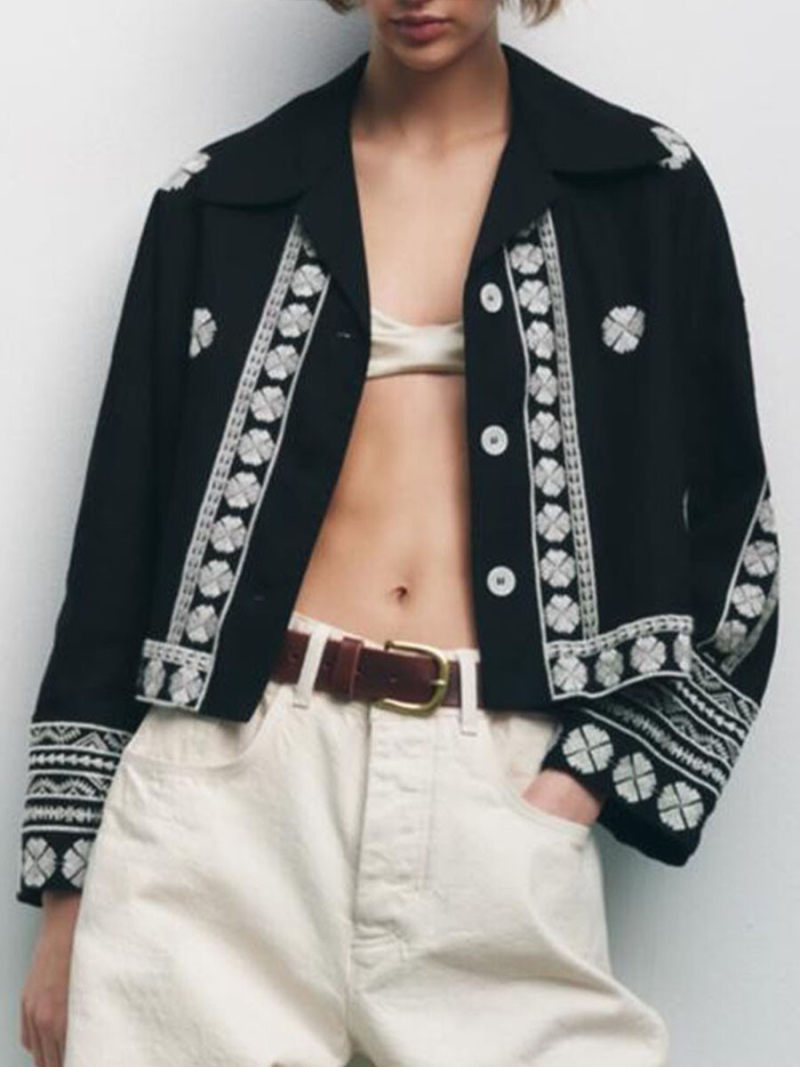 Embroidery black denim jacket coat