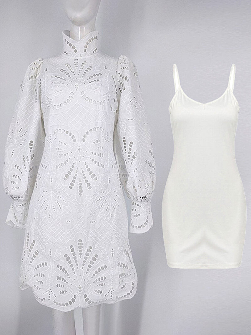 Floral Lace Stand Neck Lanter Sleeves  Mini Dress  With  Wrap Belted