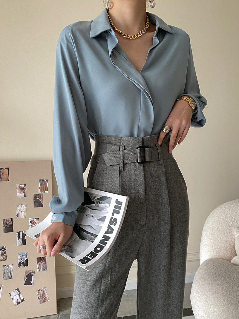 Oversized Long Sleeves Collar Slip  Blouse