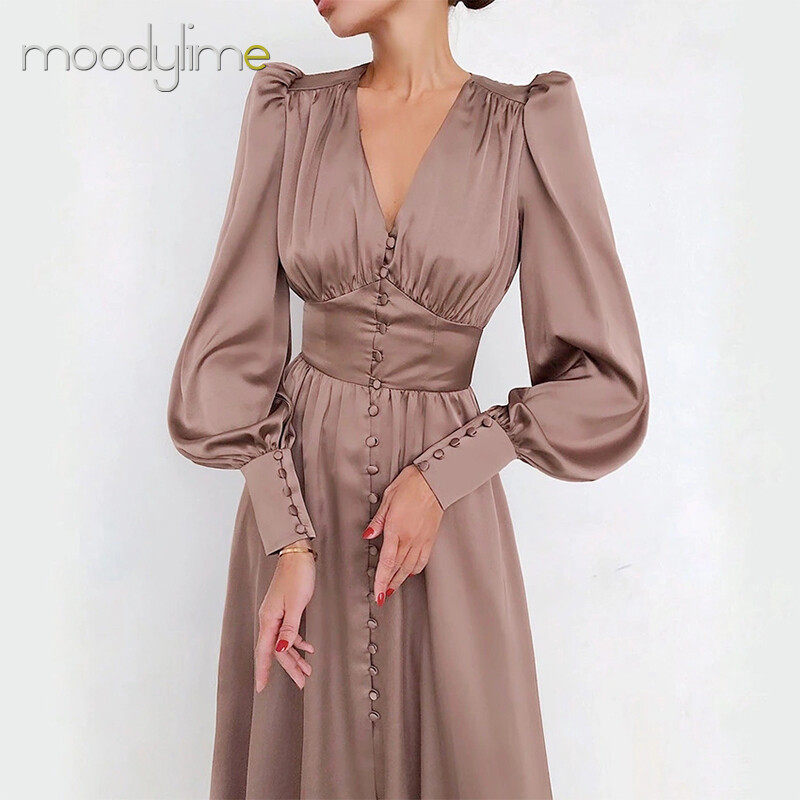 V-neck Lantern Sleeves Ruched Waist Maxi Dress
