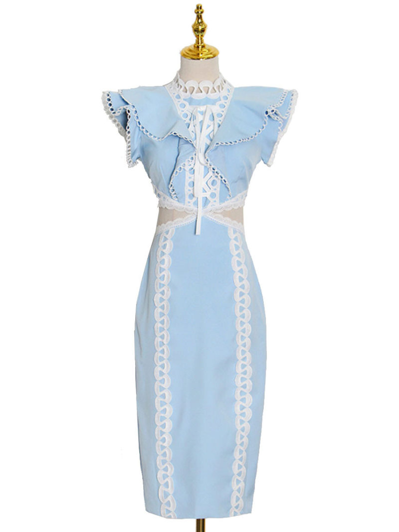 High Neck Cut Out Waist Maxi Dress With Lace Details