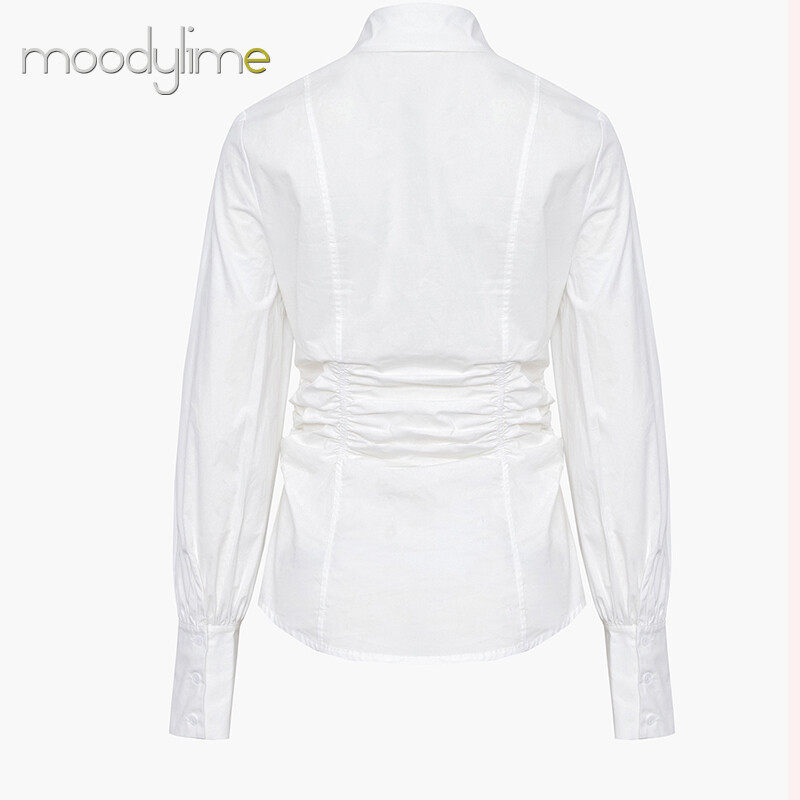 Collar Button on Front Long Sleeves Ruched Blouse
