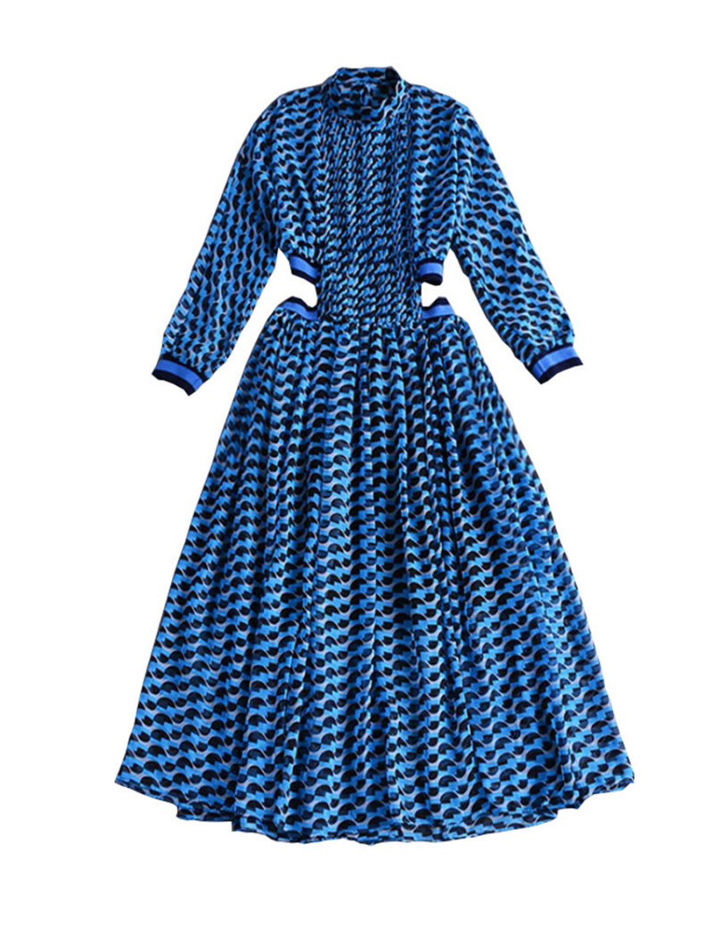 Stand Neck  Cutout Waist Pleated Maxi  Dress With Long Sleeves