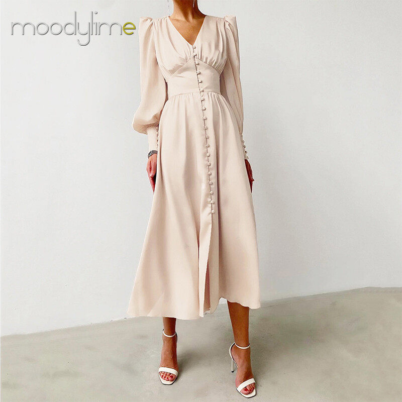 V-neck Lantern Sleeves Ruched Waist Maxi Dress