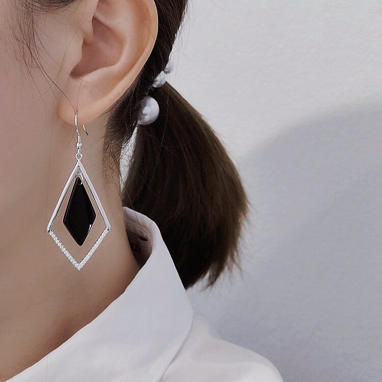 Black agate rhombus drop earrings s925