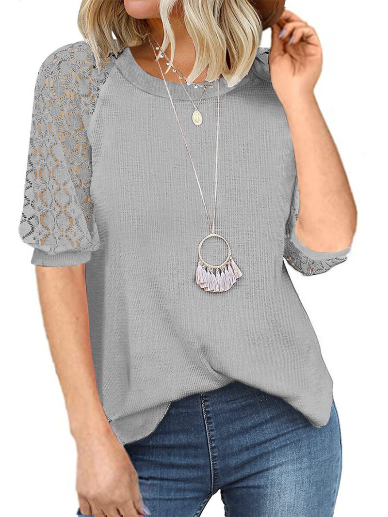 Waffle lace stitching round collar short sleeve T-shirt