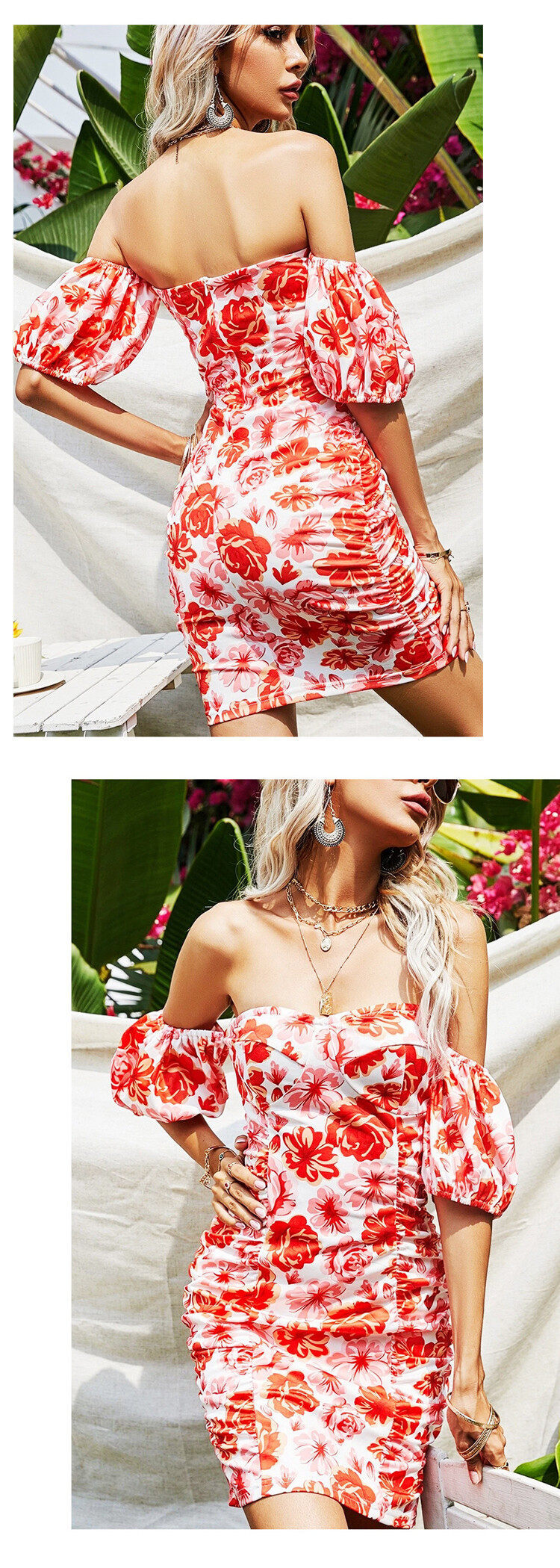 Floral Print Off Shoulder  Sxy Backless Ruched Bodycon Dress