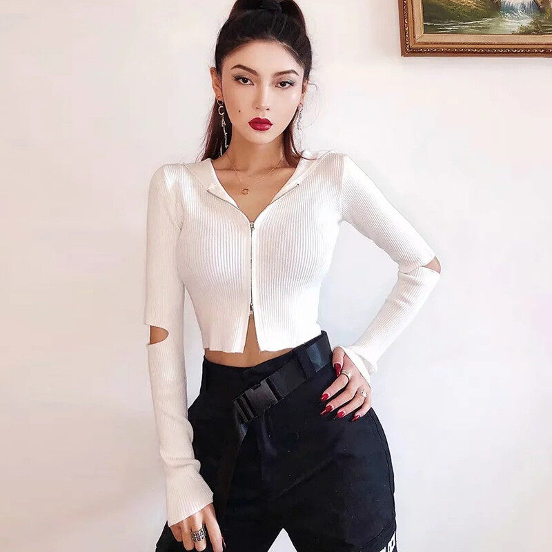 V-neck Slim Sweater with Zipper On Front