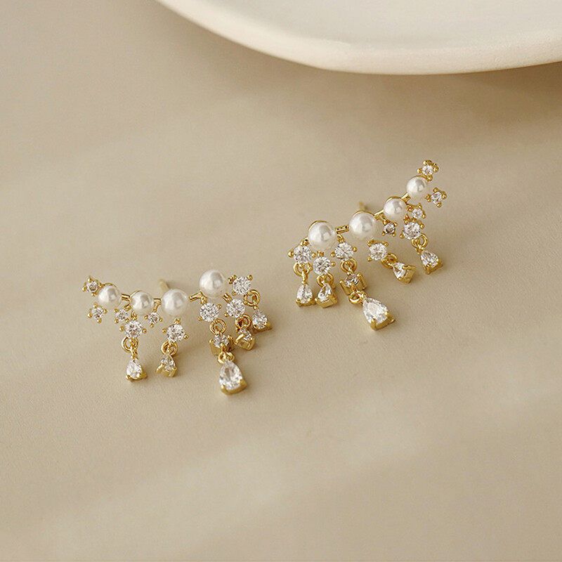 S925 hoop pearl earrings with crystal drop