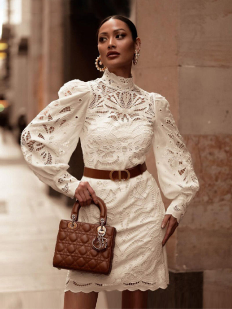 Floral Lace Stand Neck Lanter Sleeves  Mini Dress  With  Wrap Belted