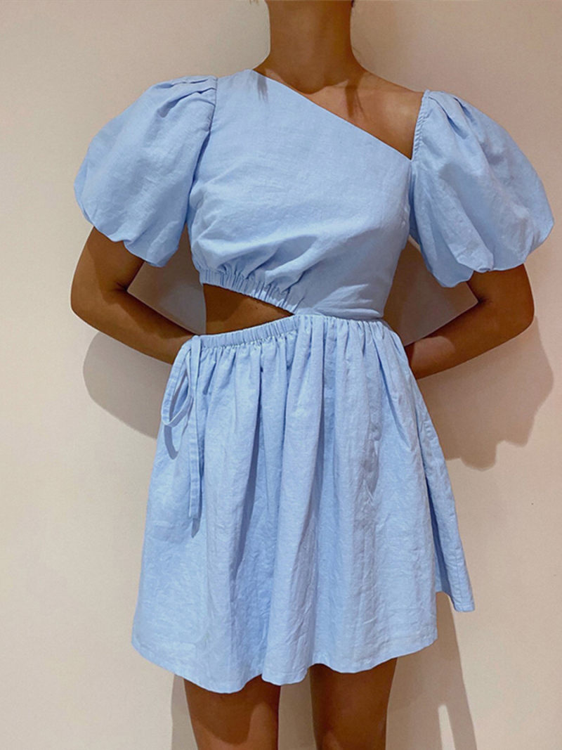 Solid Cotton Puff Sleeve  Cutout Waist  Mini Dress