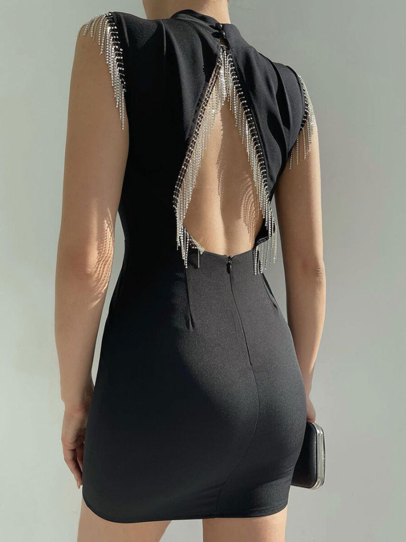Solid Backless Fringe Detail  Bodycon Mini Dress