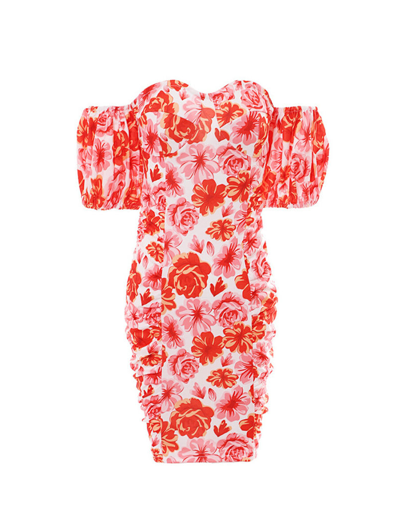 Floral Print Off Shoulder  Sxy Backless Ruched Bodycon Dress