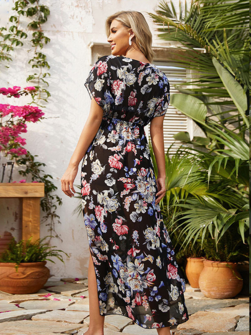 Allover Floral Print  Split Thigh Tie Detail Mide  Dress