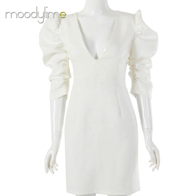 Solid V neck Puff Sleeves Bodycon  Mini Dress