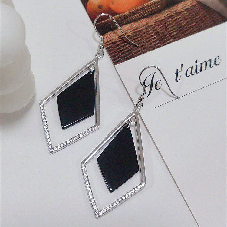 Black agate rhombus drop earrings s925