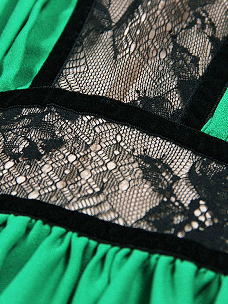 Stand Neck Lace Inserts Velvet Hem Mini  Dress