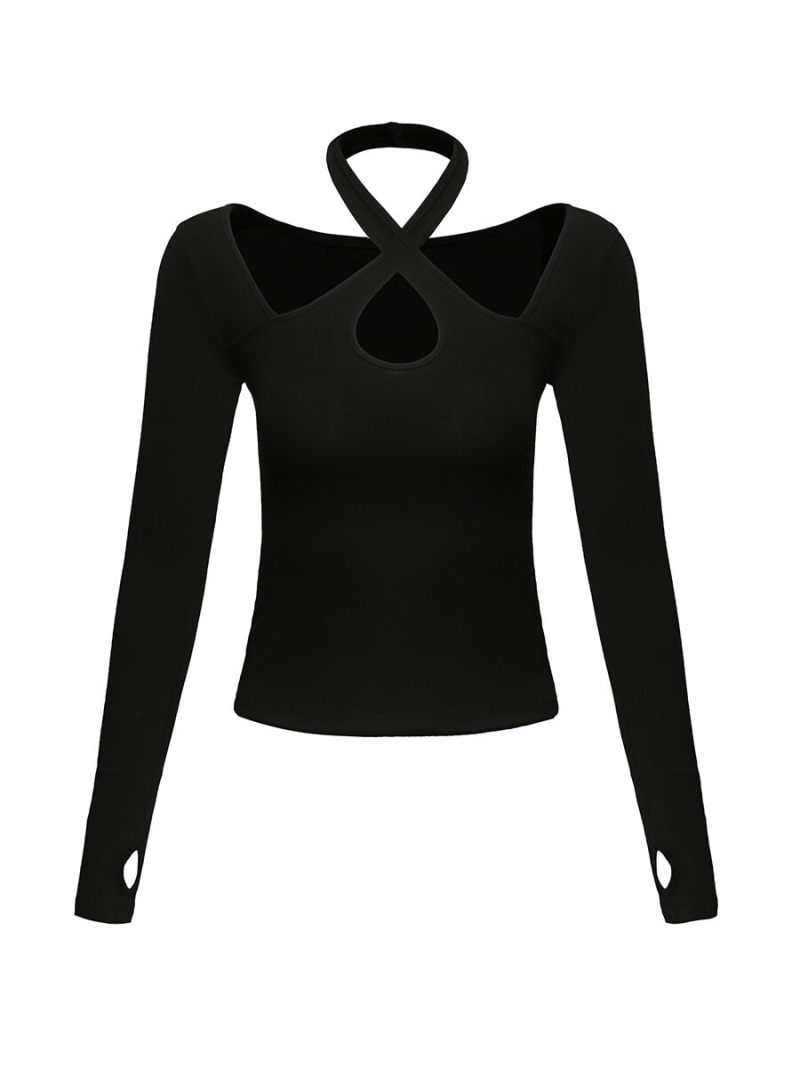 Hollow out hanging neck long sleeve T-shirt