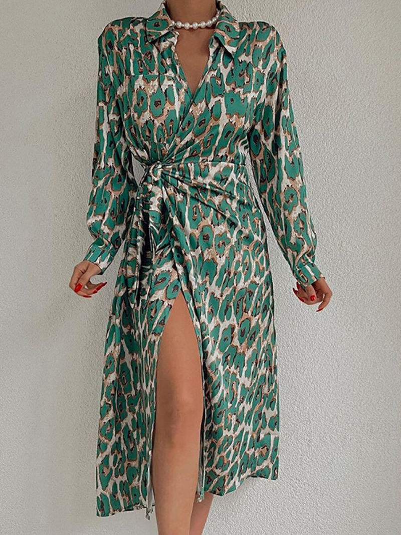 Allover Animal Print  Collared  Waist  Belted  Split Side Shirt Dress