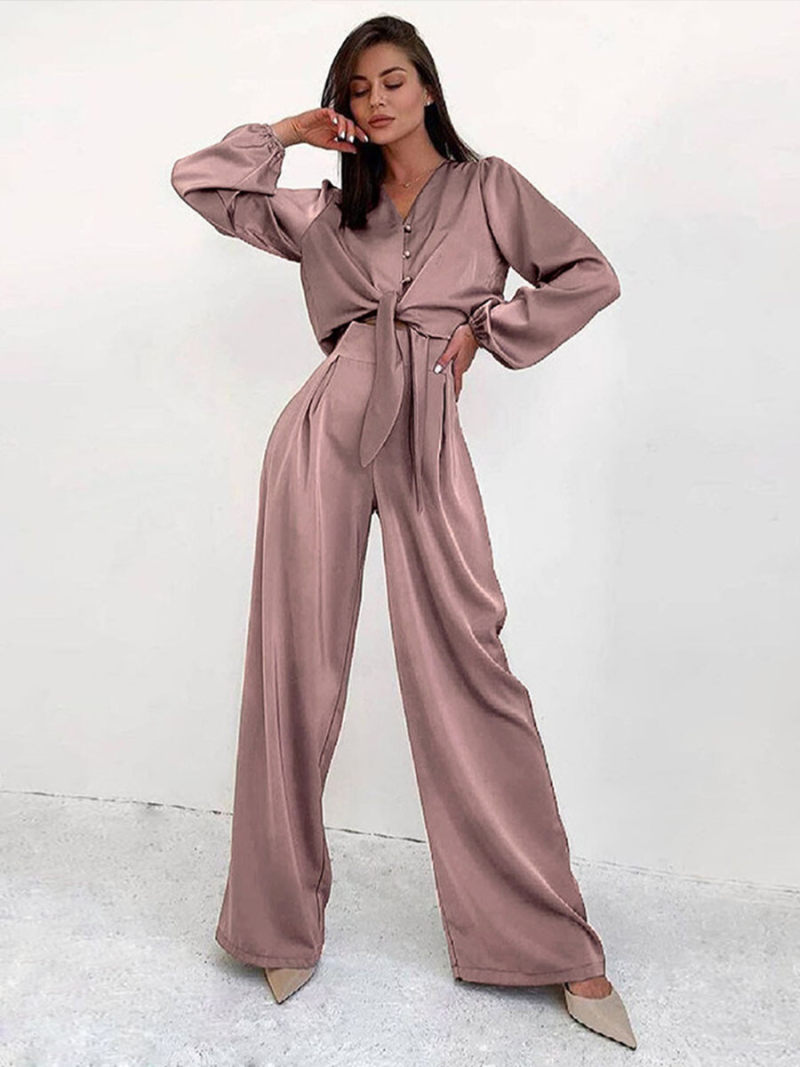 Ice silk satin leisure shirt trousers two-piece outfit