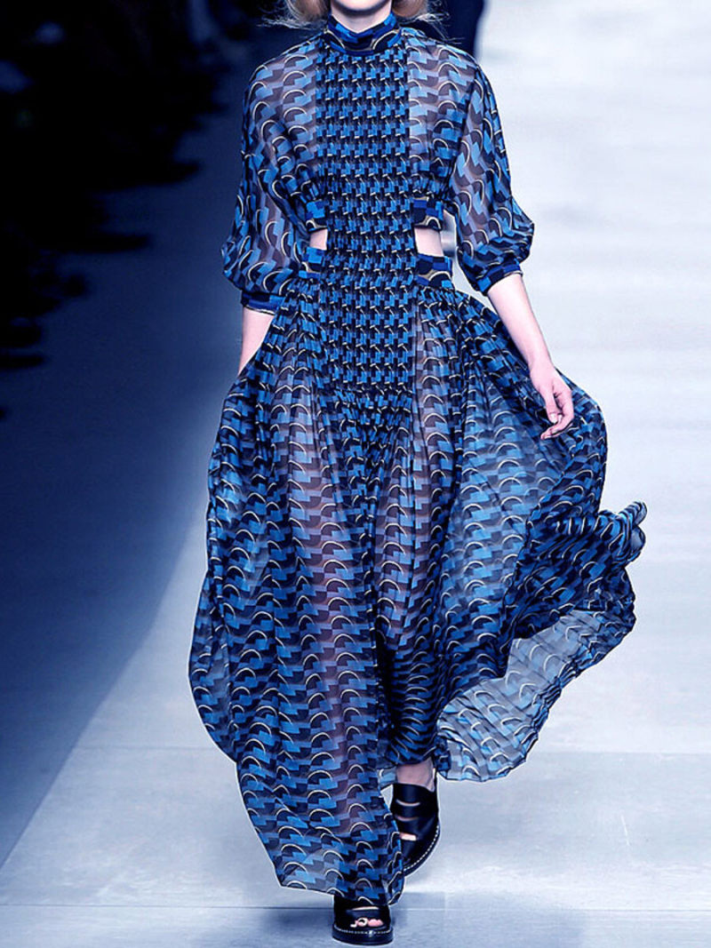 Stand Neck  Cutout Waist Pleated Maxi  Dress With Long Sleeves