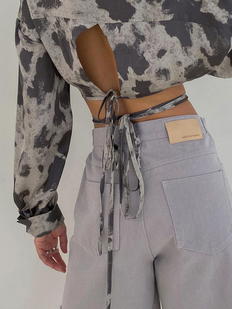 Printed Collar Button Through Tie Detail Long Sleevs Hourglass Blouse