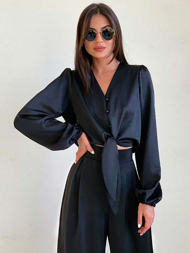 Ice silk satin leisure shirt trousers two-piece outfit