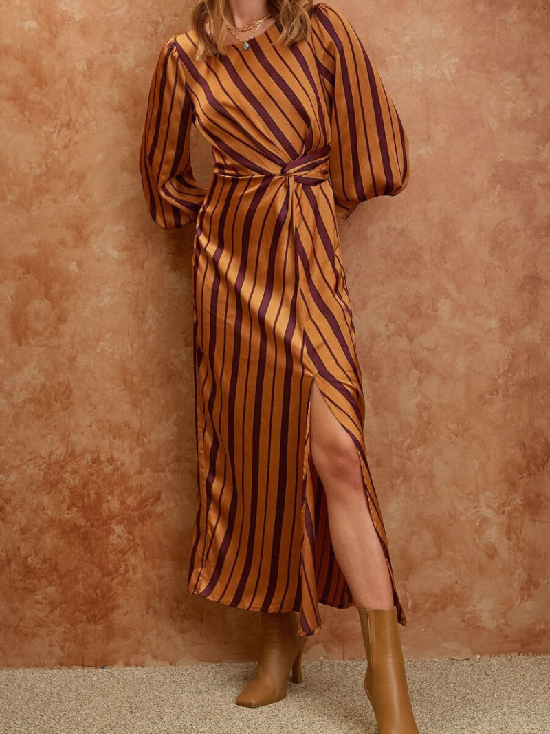 Stripe Lantern Sleeve High Drape Neck   Side Split  Maxi Dress