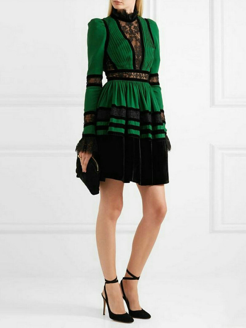 Stand Neck Lace Inserts Velvet Hem Mini  Dress