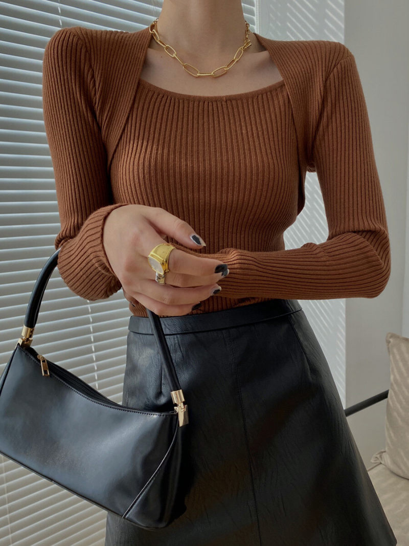 Square Neck Long Sleeves Slim Knitted Tunic