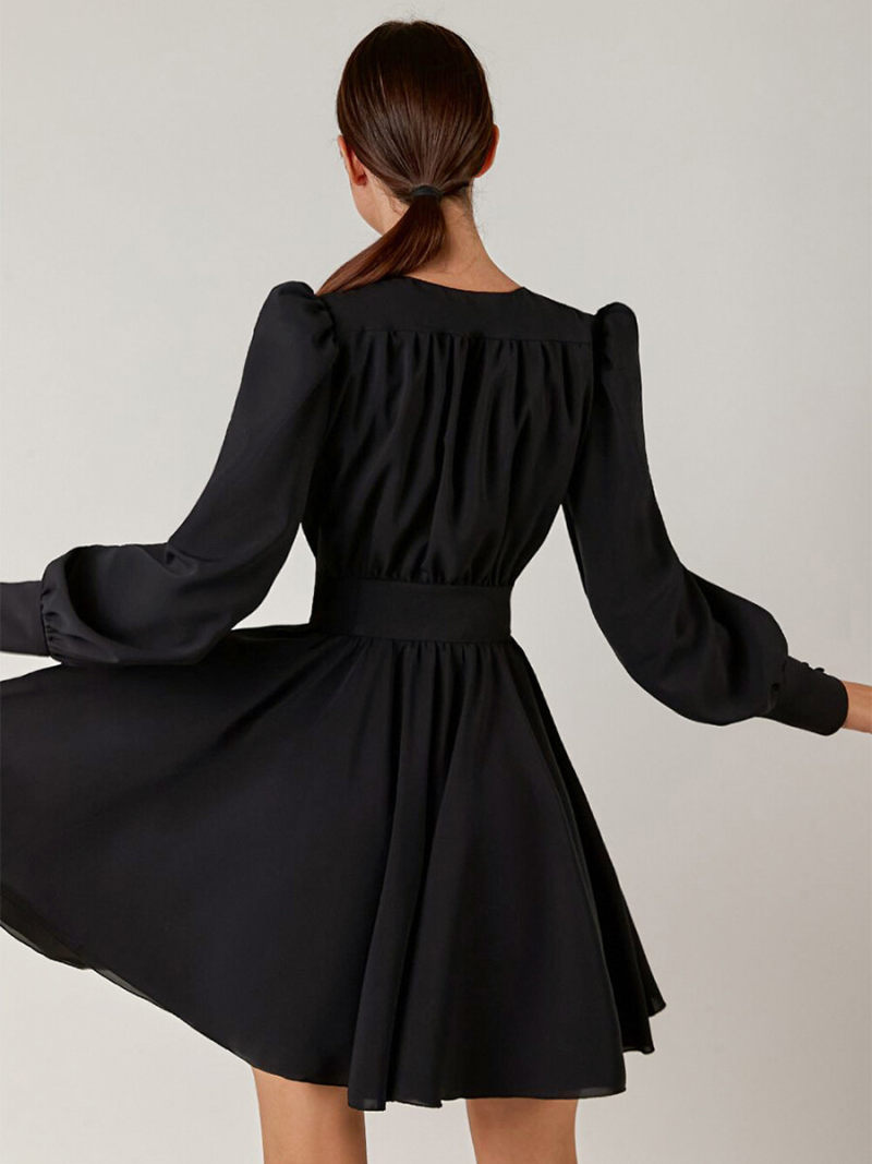 Solid V-neck Lanter  Sleeves Button Through   A-line   Mini  Dress