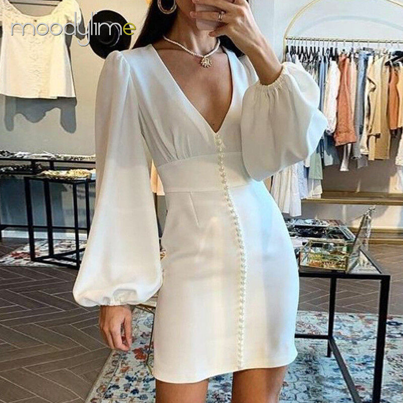 Solid V neck Lantern Sleeves Mini  Dress
