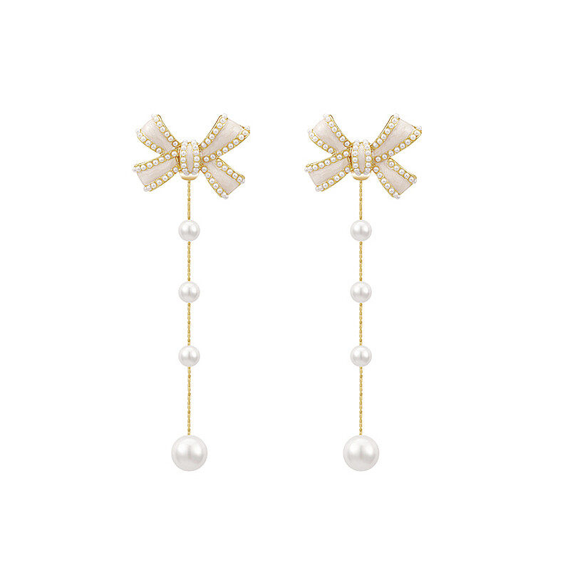 Bow earrings with pearl and chain drop design d925 doop