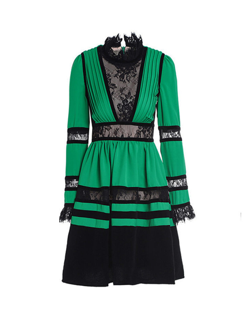 Stand Neck Lace Inserts Velvet Hem Mini  Dress