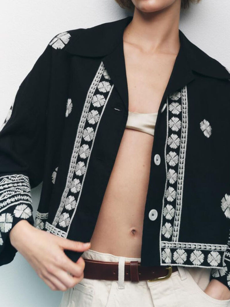 Embroidery black denim jacket coat