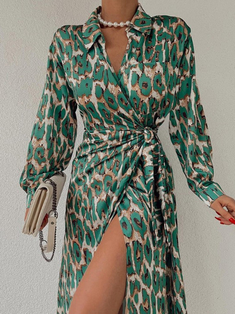 Allover Animal Print  Collared  Waist  Belted  Split Side Shirt Dress